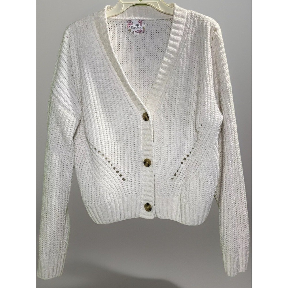 Pink Republic Women's Large Ivory Crop‎ Sweater Cardigan Poly Spandex Y2K Boho L
